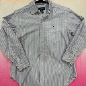 Ralph Lauren Men's White and Blue Striped Button Down Shirt